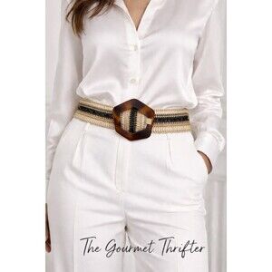 Shiraleah Chicago Woven Raffia Belt Tortoise Hex Buckle Striped Neutral S/M NWT